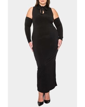 L I V D Fatale Tie Neck Cold Shoulder Long Sleeve Dress - Black