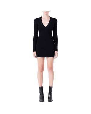 Grey Lab Power Shoulder Long Sleeve Knit Minidress - Black