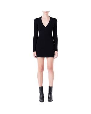 Grey Lab Power Shoulder Long Sleeve Knit Minidress - Black