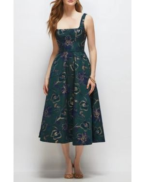 The Dessy Group Metallic Square Neck Jacquard Midi Cocktail Dress - Green