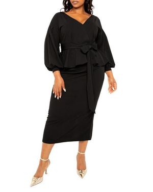 Buxom Couture Convertible Shoulder Belted Peplum Midi Dress - Black
