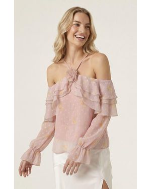 Modenaire Sheer Cold-Shoulder Floral Applique Ruffle Trim Blouse - Pink