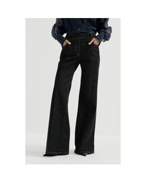 Brunello Cucinelli Comfort No-Fade Denim Flared Pants With Monili - Black