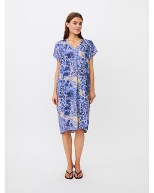 Masai Maodetto V-Neck Floral Midi Tunic Dress - Blue
