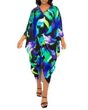 Buxom Couture Abstract Floral Center Ruched Dress - Blue