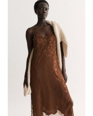 H&M Lace-Trimmed Brocade Dress - Brown