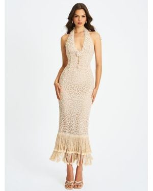 Miss Circle Faelyn Double Fringe Crochet Halter Maxi Dress - White