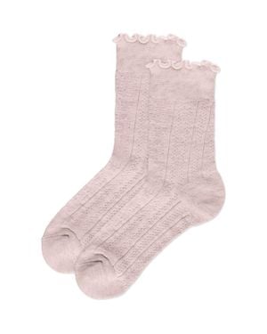 Memoi Heart Ruffle Cuff Cotton Blend Pointelle Crew Socks - Pink