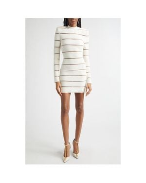 Balmain Illusion Stripe Long Sleeve Rib Glitter Knit Body-Con Minidress - White