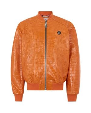 Philipp Plein Leather Bomber Jacket Cocco - Orange