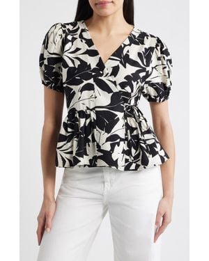 Loveappella Abstract Leaf Print Wrap Top - Black
