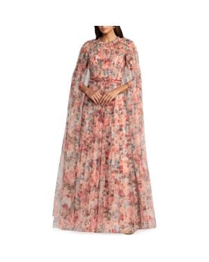 Mac Duggal Floral Mesh High Neck Cape Sleeve Ruffle Gown - Pink