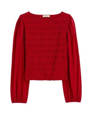 Madewell Smocked Boat Neck Long Sleeve Cotton Top - Red