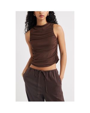 Open Edit Ruched Mesh Tank Top - Brown