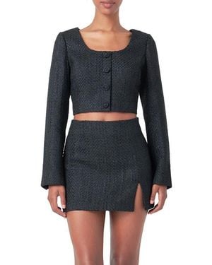 Endless Rose Long Sleeve Tweed Crop Top - Black