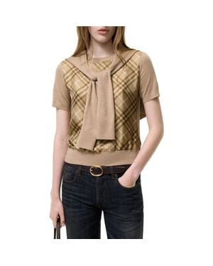 Burberry Sandrina Scarf Front Short Sleeve Wool & Silk Crewneck Sweater - Natural