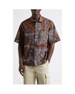 Moncler Bandana Print Short Sleeve Cotton Button-Up Shirt - Brown