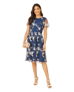 Yumi' Embroidered Floral Skater Dress - Blue