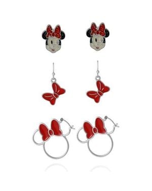 Disney Minnie Mouse Bow Earring Set, 3 Pairs (Hoops, Drops & Studs) -Tone - Red