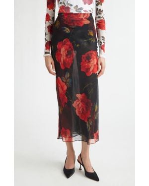 Carolina Herrera Rose Print Sheer Silk Chiffon Midi Skirt - Red