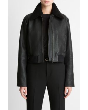 Vince Shrunken Leather Jacket With Genuine Shearling Collar - Black