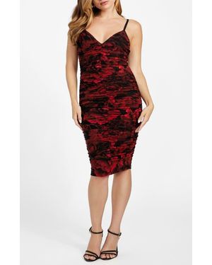 Marciano Passion Flower Ruched Mesh Body-Con Dress - Red