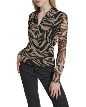 DKNY Zebra Print Long Sleeve Mesh Shirt - Black