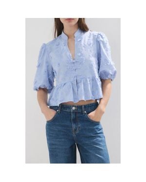 Mango Floral Puff Sleeve Peplum Top - Blue