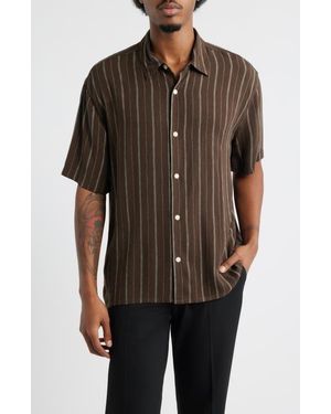 Open Edit Stripe Short Sleeve Button-Up Shirt - Brown