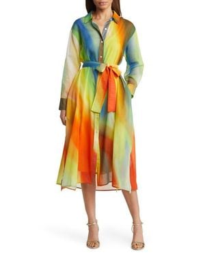 Natori Boracay Long Sleeve Cotton & Silk Shirtdress - Orange