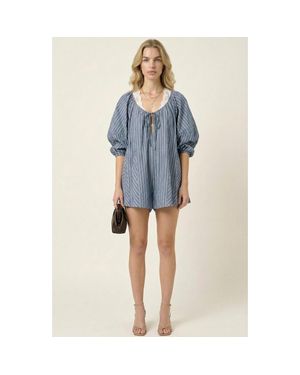 Modenaire Striped V-Neck Tie Front Romper - Blue