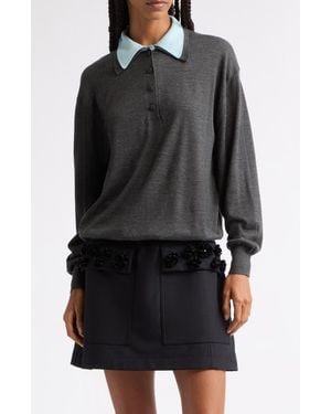 Plan C Double Collar Long Sleeve Merino Wool & Silk Polo - Black