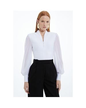 Karen Millen Zip Detail Chiffon Sleeve Knit Top - White