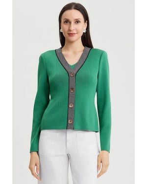 Ming Wang Family Savvy Contrast Trim Soft Knit Cardigan - Green