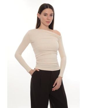 Monlicia Asymmetric Off Shoulder Long Sleeve Stretch Lune Top - White