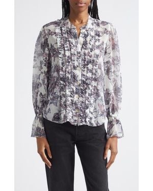 L'Agence Eunice Butterfly Print Ruffle Trim Button-Up Top - White