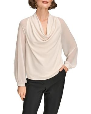 Donna Karan Sheer Sleeve Cowl Neck Top - Natural