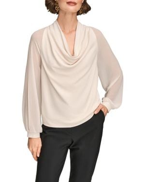 Donna Karan Sheer Sleeve Cowl Neck Top - Natural