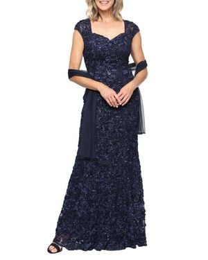 Alex Evenings Soutache Sequin Lace A-Line Gown With Wrap - Blue