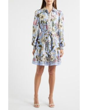 Anne Klein Floral Print Long Sleeve Satin Shirtdress - Blue
