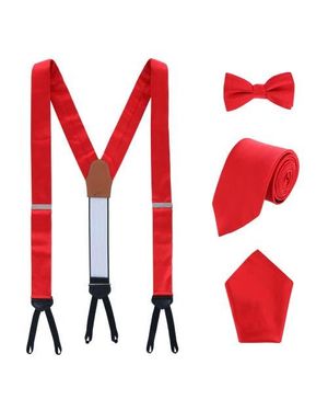 Trafalgar Sutton Solid Color Silk Brace Bow Tie Necktie And Pocket Square Set - Red