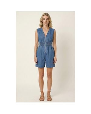 Modenaire Denim Cap Sleeve Smocked Romper - Blue