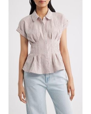 Bobeau Pleat Stripe Button-Up Shirt - White