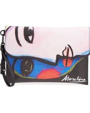 Moschino Face Print Leather Clutch - Blue