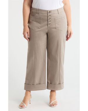 Wit & Wisdom Skyrise Exposed Button Cuffed Wide Leg Twill Pants - Natural