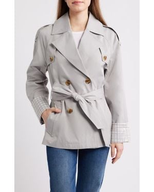 BCBGMAXAZRIA Water Resistant Gingham Cuff Double Breasted Trench Coat - Gray