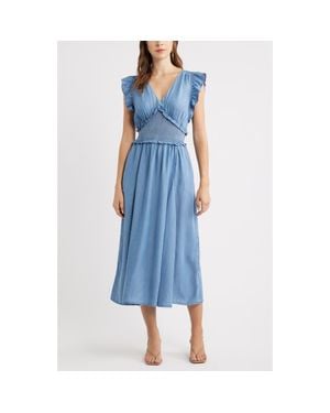 Chelsea28 Smocked Chambray Midi Dress - Blue