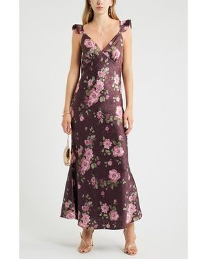 Chelsea28 Floral Satin Flutter Sleeve Maxi Dress - Purple