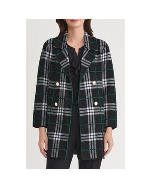 Kasper Plaid Longline Open Front Sweater Coat - Black