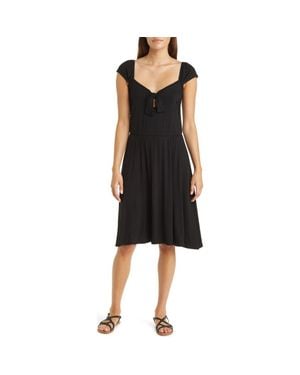 Loveappella Tie Front Cap Sleeve A-Line Dress - Black